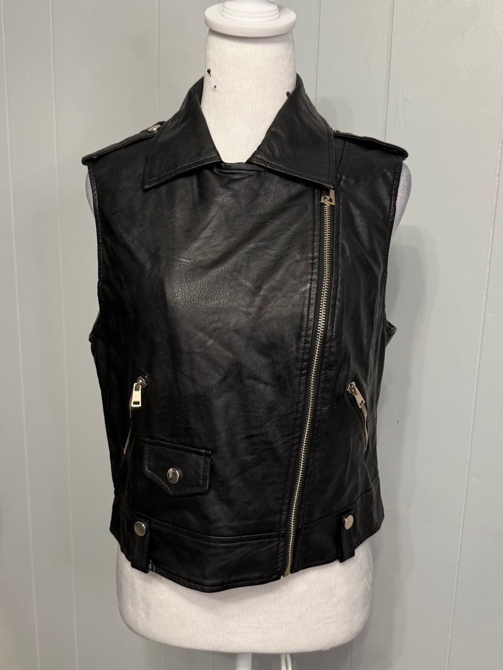 Black Faux-Leather Moto Vest with Asymmetric Zip - Picture 2 of 8